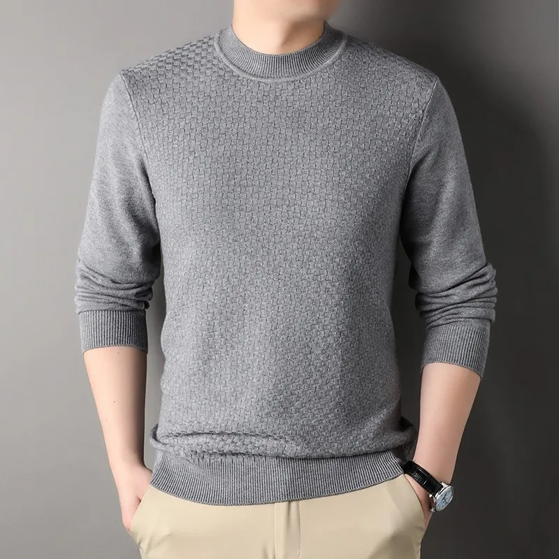 Pure Color Half Collar Men's Slim Fit Sweater Base Sweater - Plaid Gray
