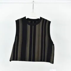 Women's Stitching Contrast Color Vertical Stripes Round Neck Knitted Vest - Black - View 1