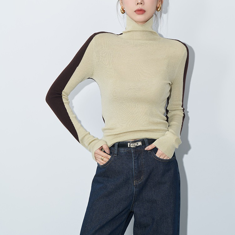 Contrast-color Ultra-fine Merino Wool Designer Patchwork Base Knit Top For Women - imagen 1