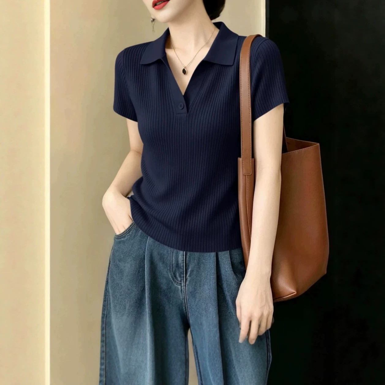 Simple Short-sleeved Thin Knitted T-shirt