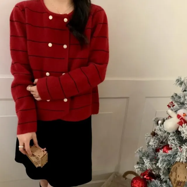 Double Breasted Western Style Classic Striped Color Collision Design Loose Round Neck Cardigan Red - Shop at LoveMi