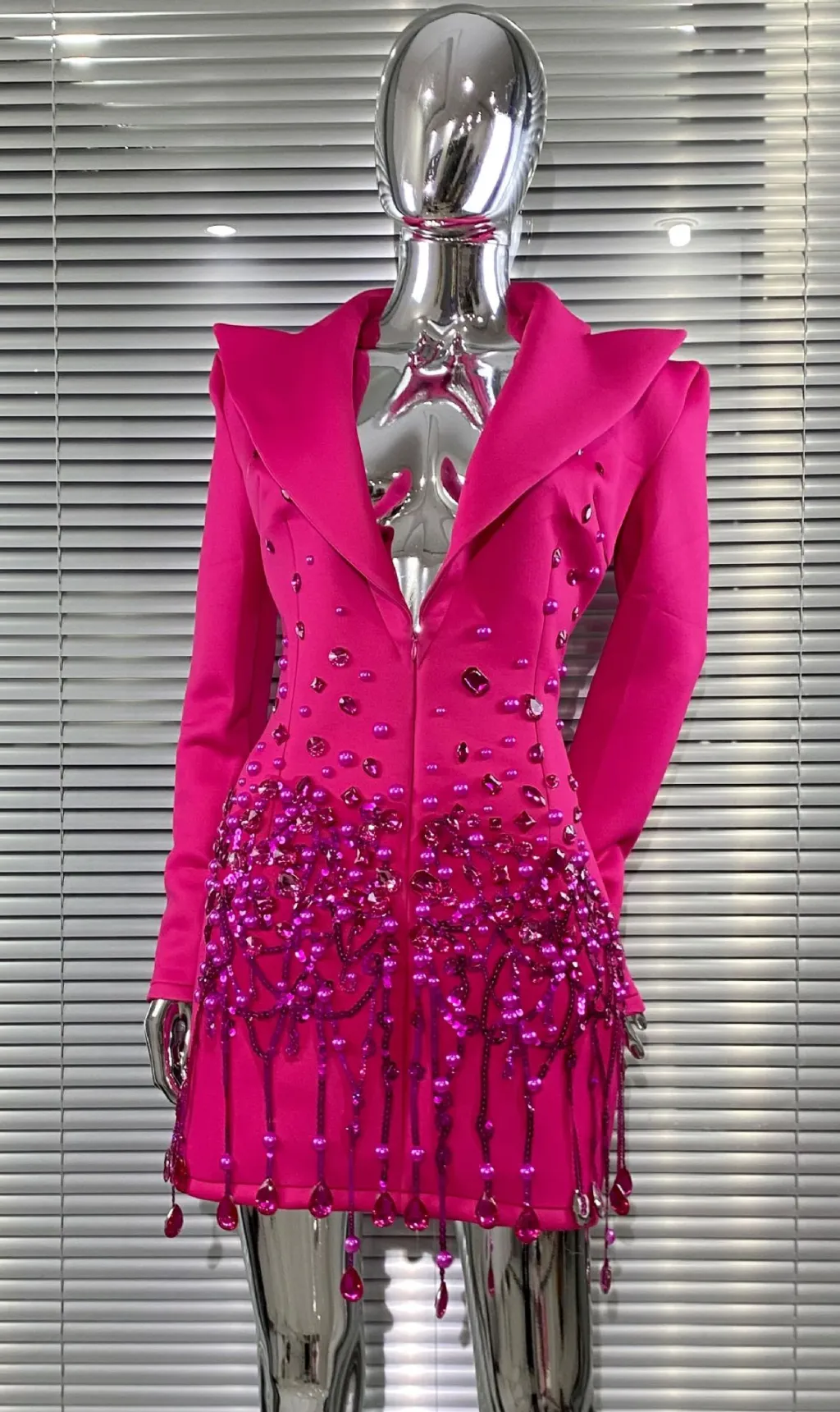 Luxury Rhinestone Sequins Pearl Sexy Low Cut Business Suit And Dress - Rose