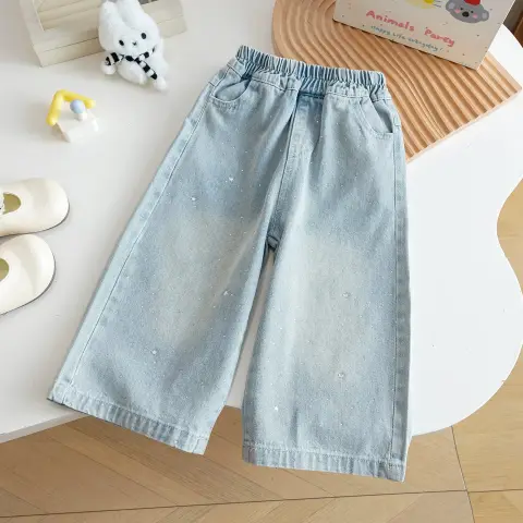 Little Girls' Star-studded Hot-fix Rhinestone Wide-leg Jeans