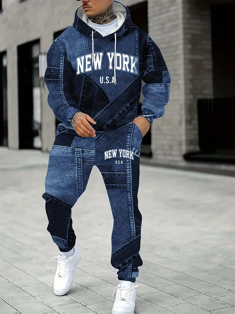 Mens Lettered Denim Hoodie With Fashionable 3D Print
