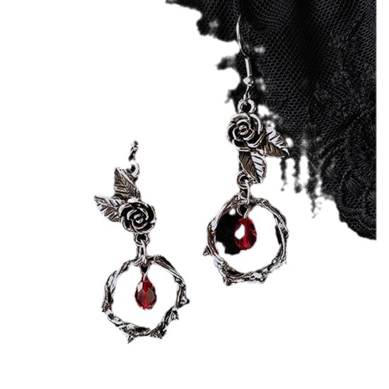 Thorn Vine Rose Flower Red Gem Crystal Pendant Earrings