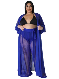 Women's Solid-Colour Batwing-Sleeve Sexy Sheer Top And Pants Plus-Size Two-Piece Set - Blue - View 1