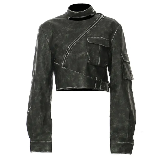 Irregular Cutting And Polishing Process Leather Coat Dark Night Green - Shop at LoveMi