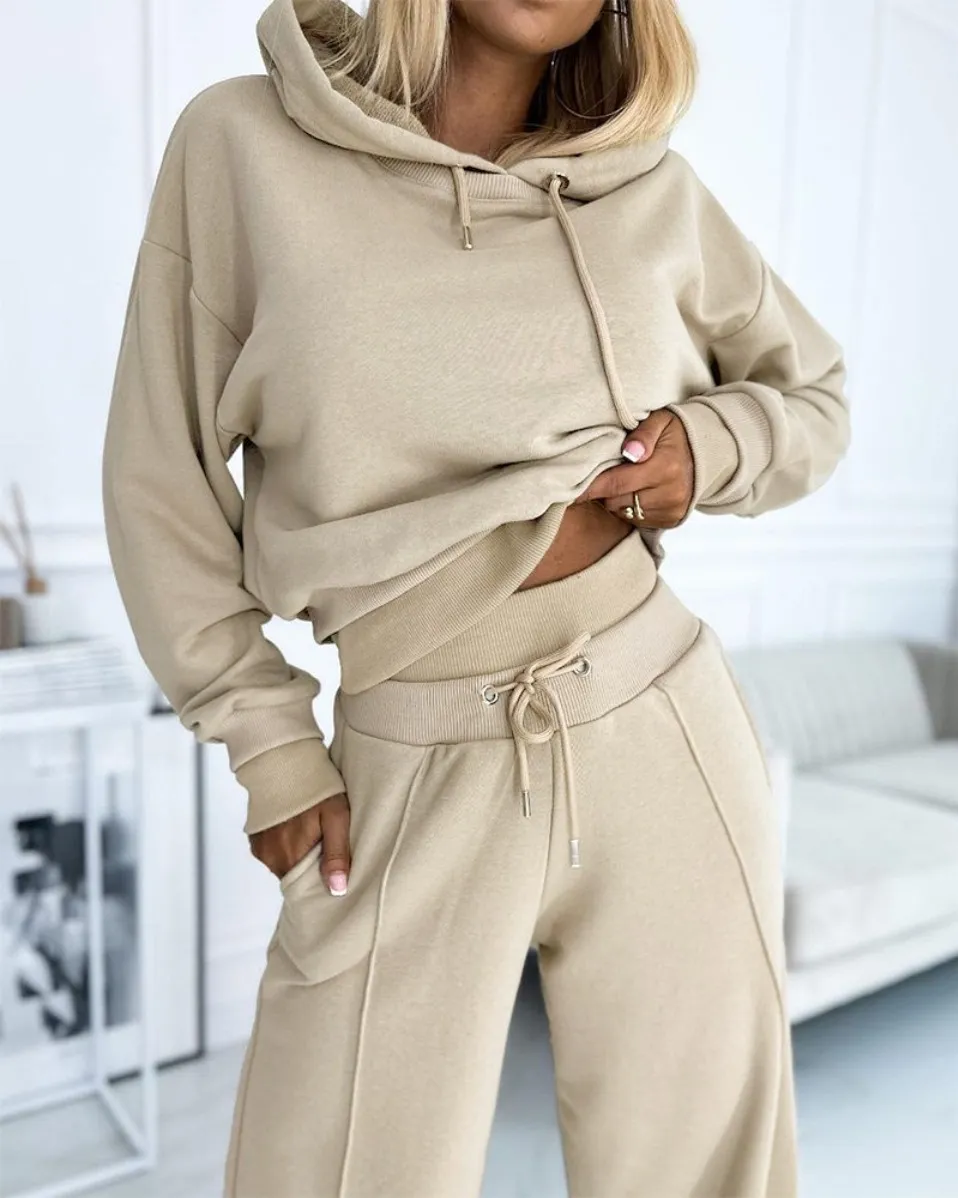 Women's Hoodie Suit Sporty Casual Long-Sleeved Hooded Sweatshirt And Drawstring Pocket Sweatpants Fashion Commuter Trousers Set Outfit Clothing - K...