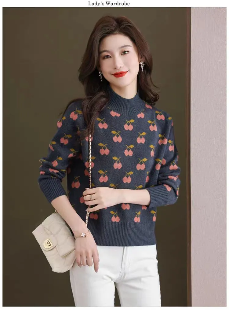 Women's Cashmere Sweater Autumn And Winter New Half Turtleneck Bottoming Shirt - Navy Blue