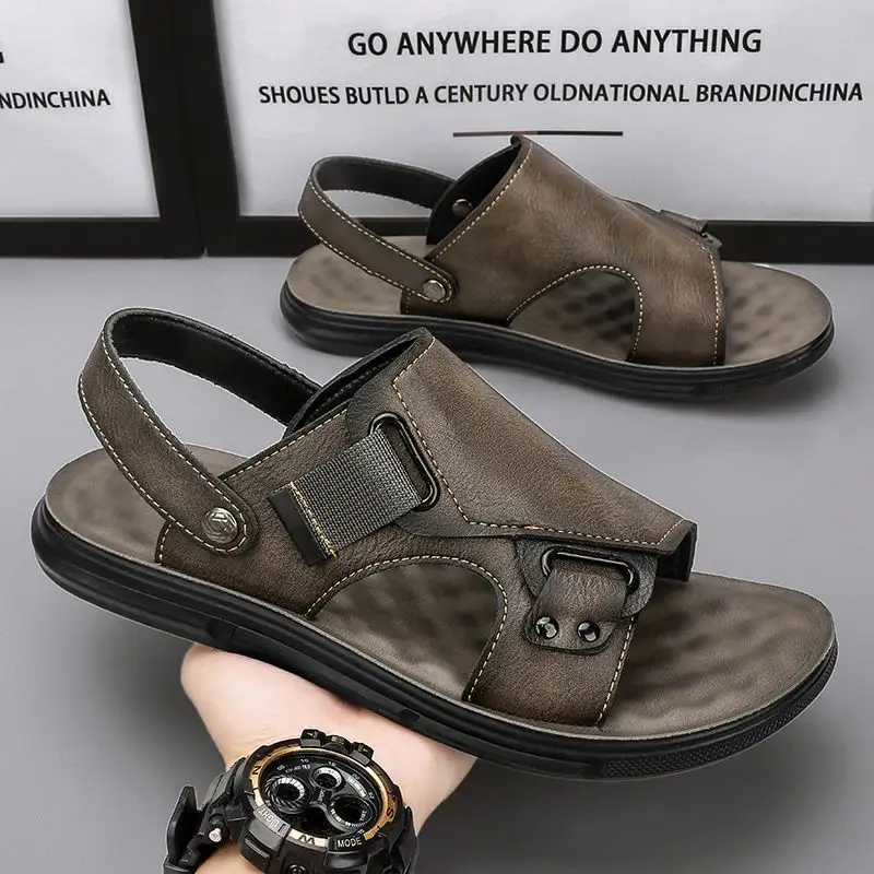 Mens Leather Thick-Soled Non-Slip Beach Casual Soft-Soled