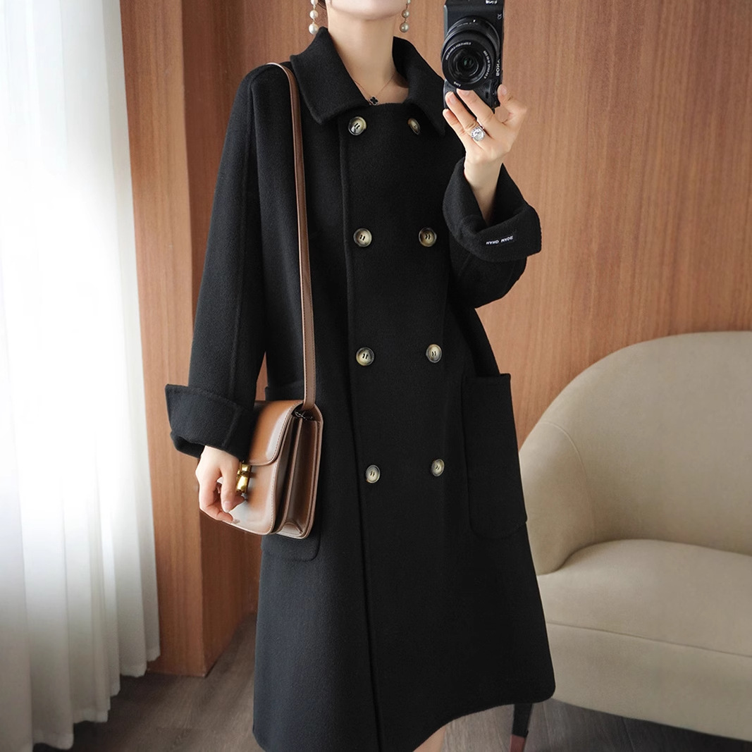 Long Below-the-Knee Double-Breasted Wool Coat In Korean Style - Image 1