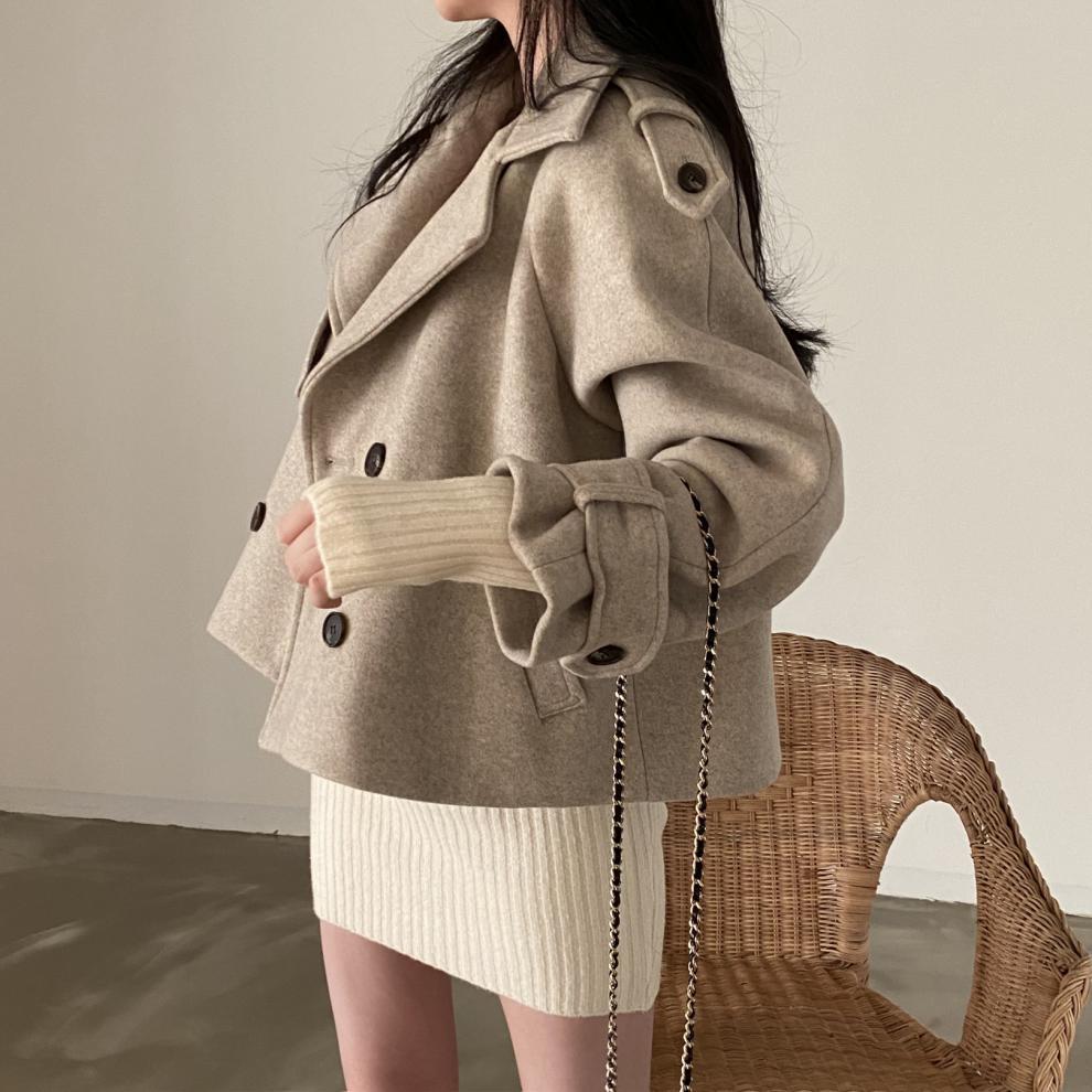 Suit Collar Double Breasted Loose All-match Long Sleeve Short Woolen Coat