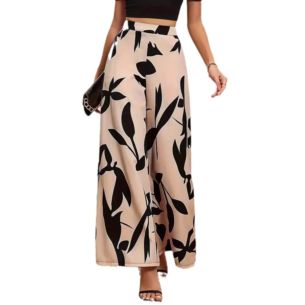 Leaf Print High Waisted Hanging Wide Leg Casual Pants