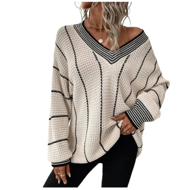 Autumn And Winter Knitted V neck Striped Sweater Beige - Shop at LoveMi