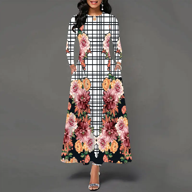 Women's Loose Long Sleeve High Waist Plus Size Pocket V-neck Dress