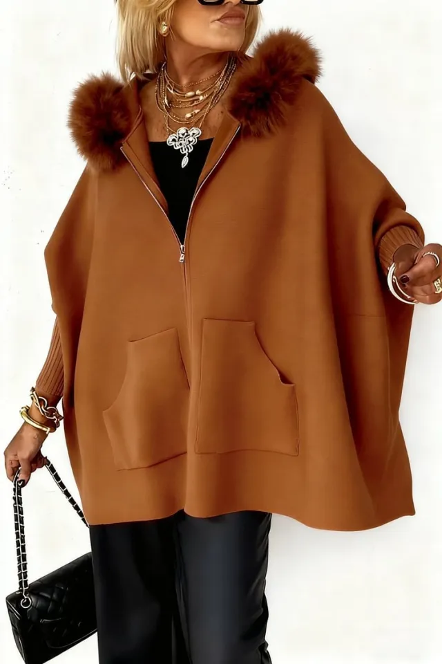 Ins Plush Hooded Cardigan Fashion Warm Pockets Zip up Knitted Jacket Casual Outerwear Batwing Sleeve Sweater Women's Clothing Brown - Shop at LoveMi