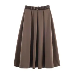With Belt Cape Style Midi Dress Skirt Female - Brown - View 1