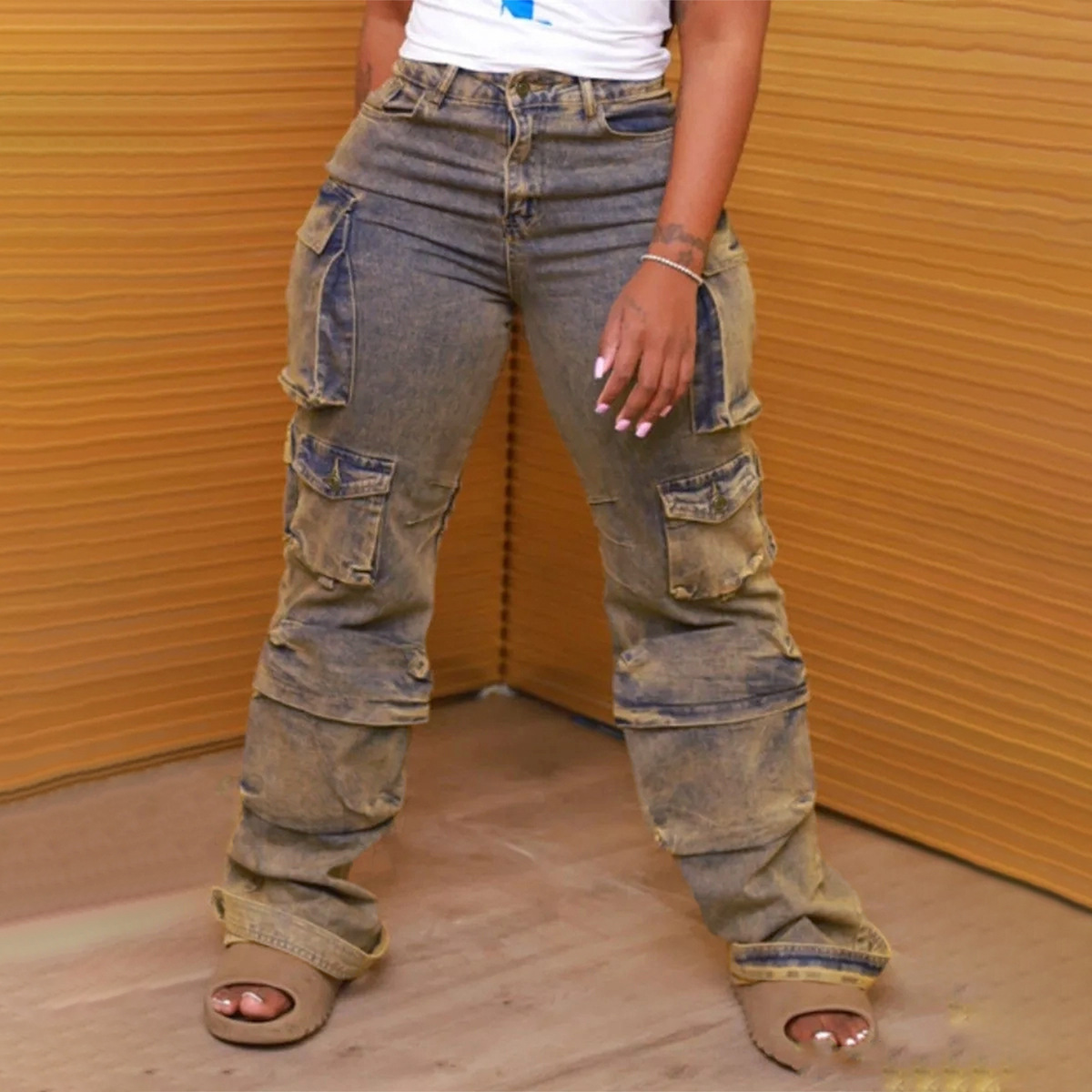 Workwear Style Distressed Washed Denim Jeans