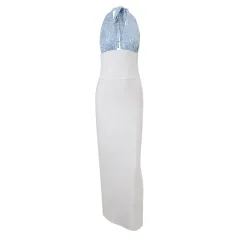 Colour Matching Deep V-neck Slim-fit Sheath Backless Temperament Dress - White - View 1