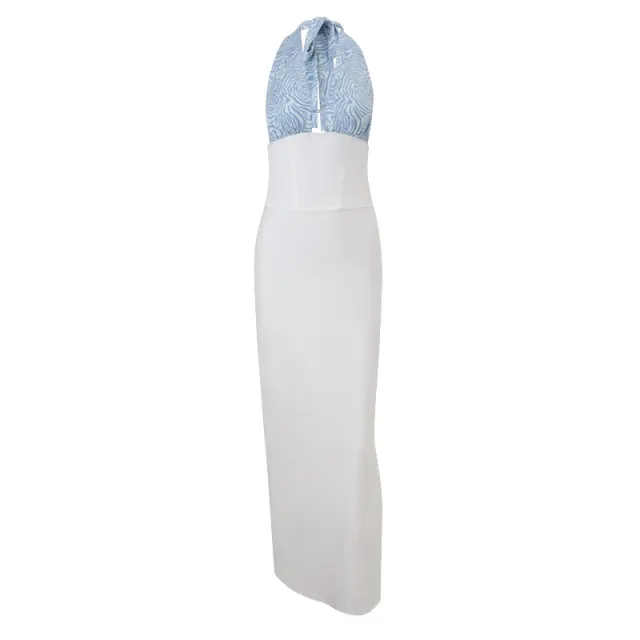 Color Matching Deep V neck Slim fit Sheath Backless Temperament Dress White - Shop at LoveMi