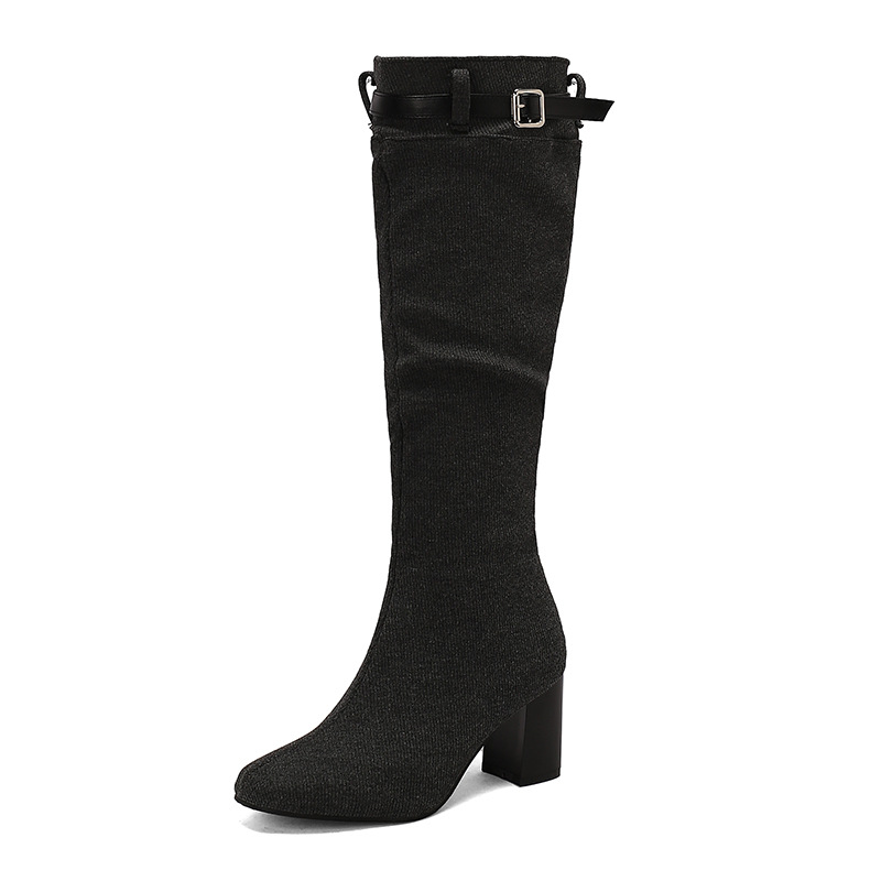 Chunky-heeled Over-the-knee Boots With Color-block Leather Belt Buckle