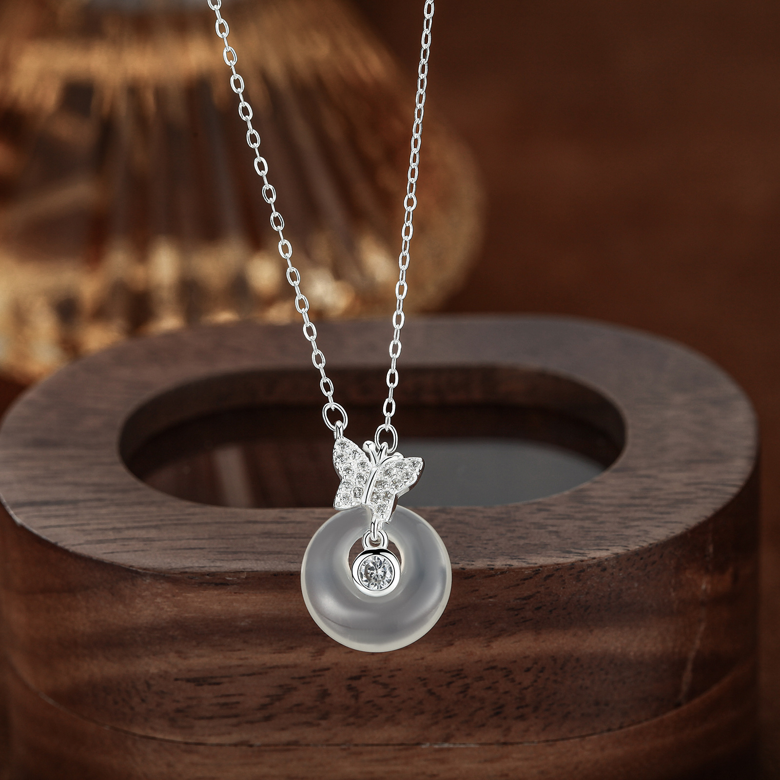 S999 Sterling Silver Pure Silver Diamond Butterfly Peace Buckle Necklace