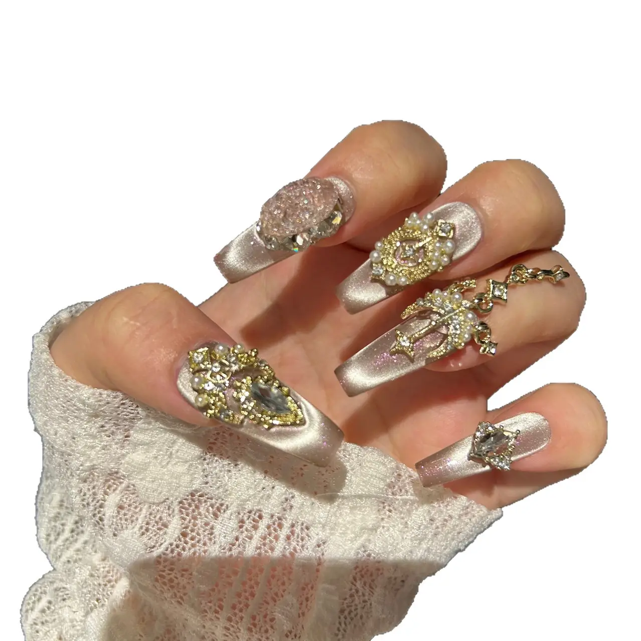 Fenghua French Cat Eye Elegant Handmade Wearable Nails With Glittery Flakes