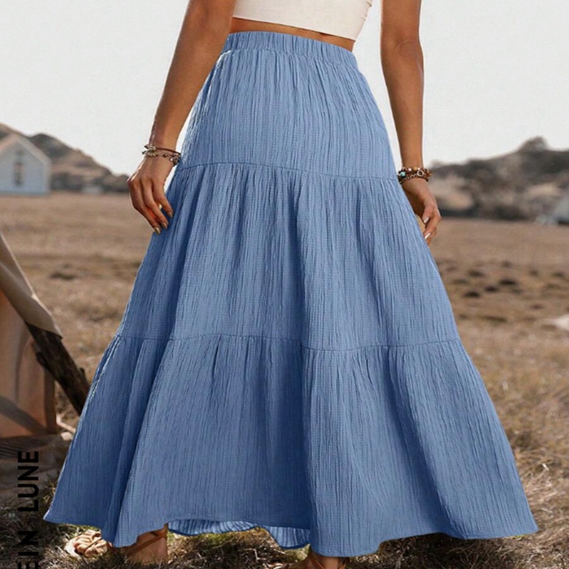 Elastic Waist Comfort Womens Long Tiered Striped Skirt