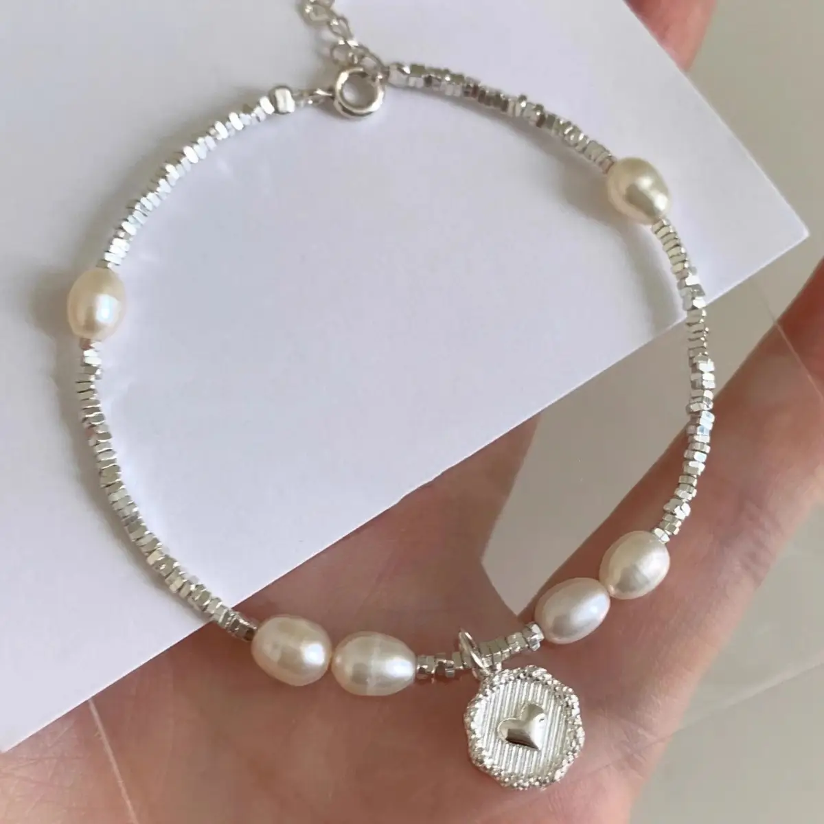925 Silver Heart-shaped Broken Silver Pearl Bracelet