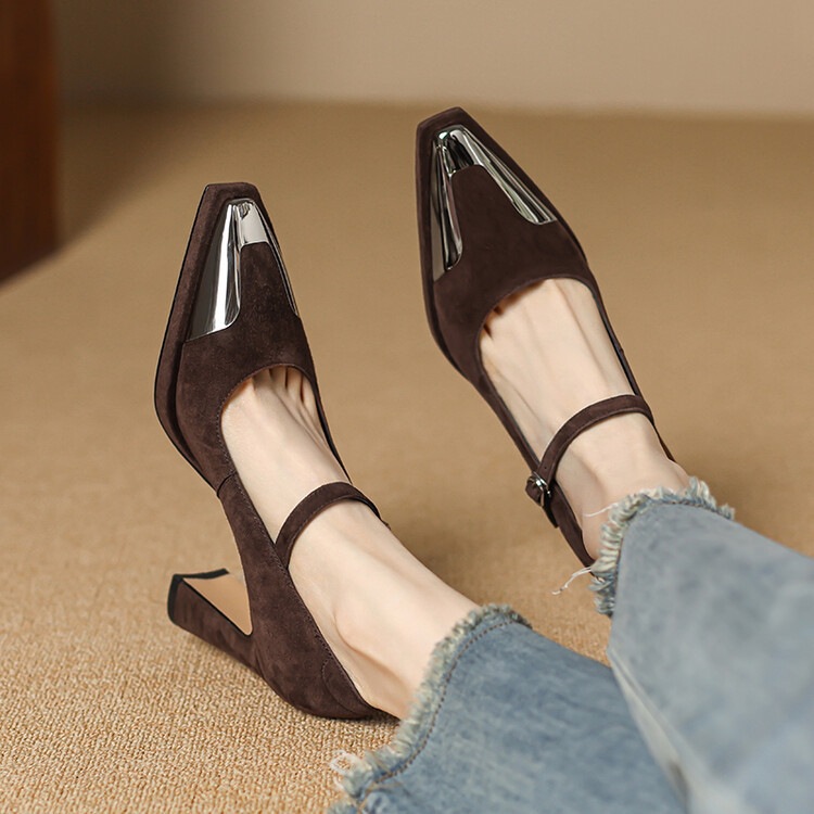 Womens Comfortable Stiletto Heels With A Sturdy Metal Toe And Buckle Detailing