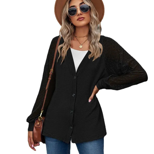 European And American Autumn And Winter Long Sleeve Solid Color Loose Button Lace Stitching Cardigan Top Women Black - Shop at LoveMi