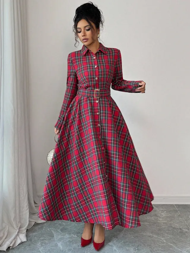 Elegant Romantic Woven Plaid Long Sleeve Dress Red Plaid - Shop at LoveMi