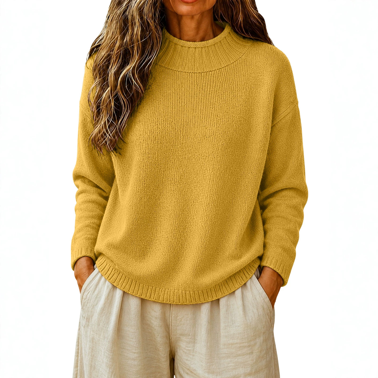 Women's Solid-color Casual Mock-neck Pullover Sweater