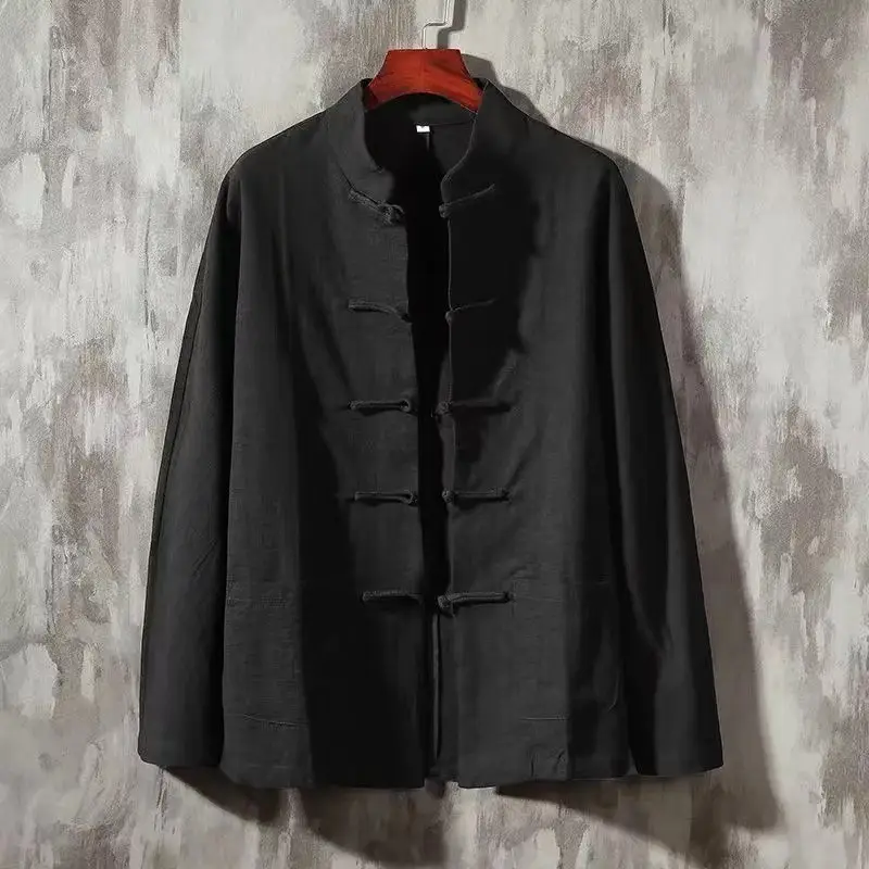 Men's Retro Buckle Cotton Linen Long Sleeve Blouse
