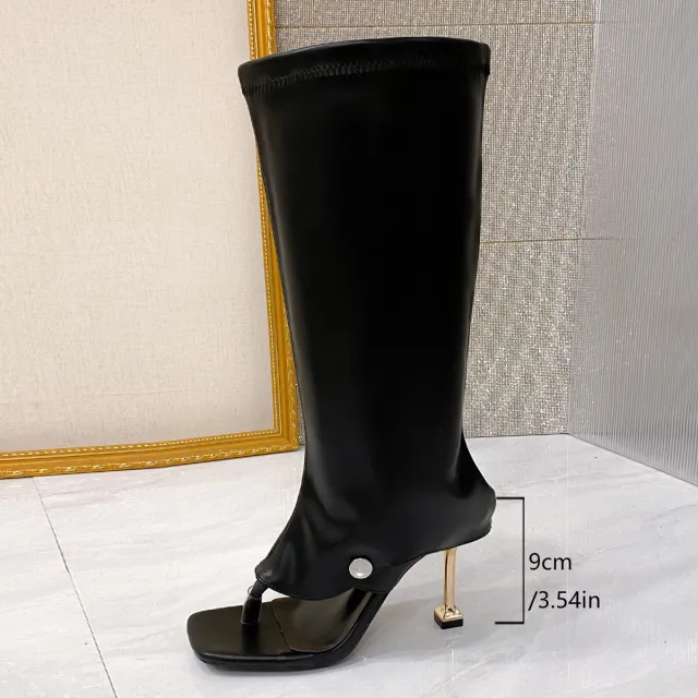 High heel Thin strap Toe loop Square toe Sandal Boots Black - Shop at LoveMi
