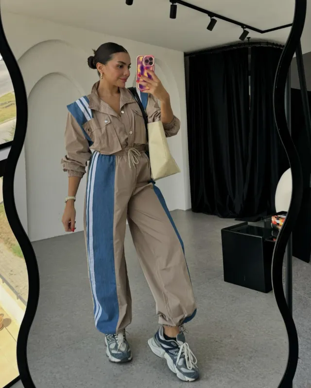 Niche Design Denim Patchwork Stripes Overall Suit Khaki - Shop at LoveMi