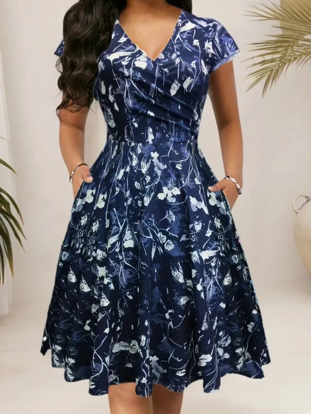 Round Neck Printed Temperament Short Sleeve Dress For Women Dark Blue - Shop at LoveMi