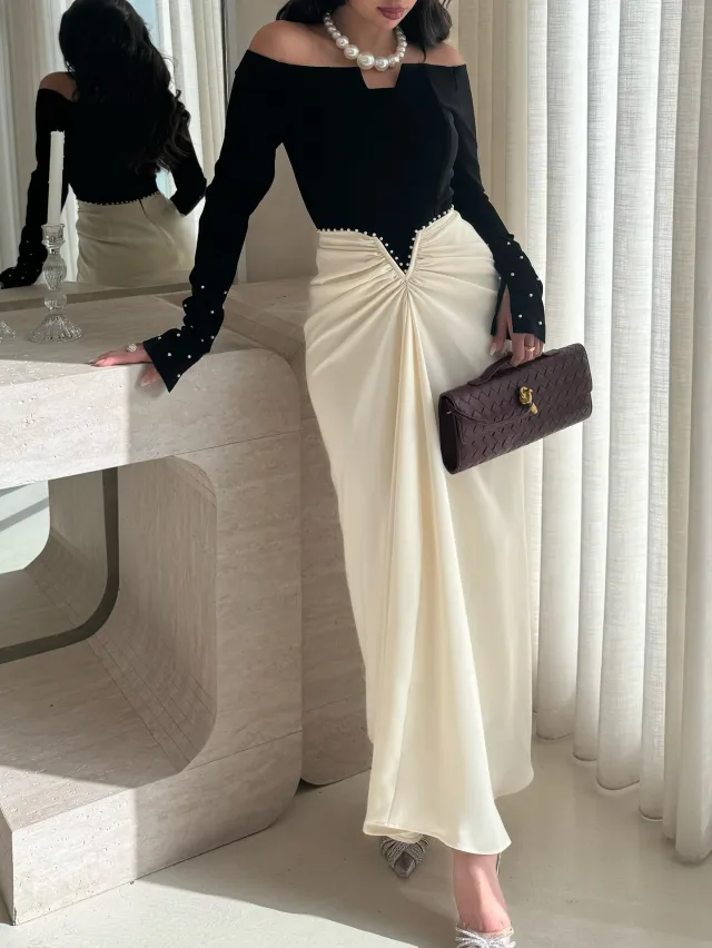 Elegant Sheath Dress With Color blocking And Pearl Embellishments Black - Shop at LoveMi
