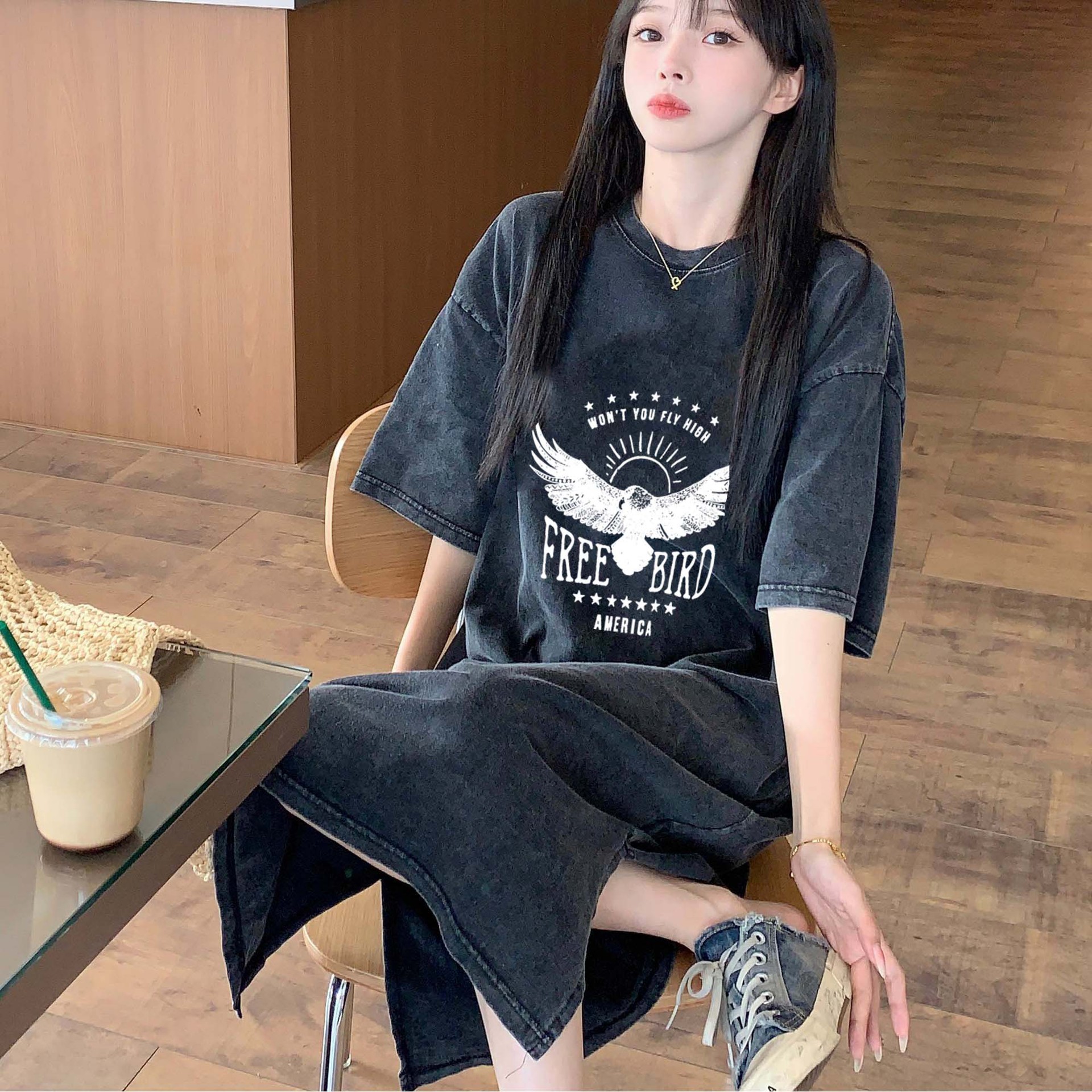 New Washed Vintage Crew-Neck T-Shirt Dress For Women