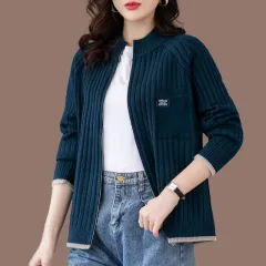 New Outerwear Loose And Stylish Long Sleeves Outer Match Knitted Cardigan Women's Sweater Coat - Dark Blue - View 1