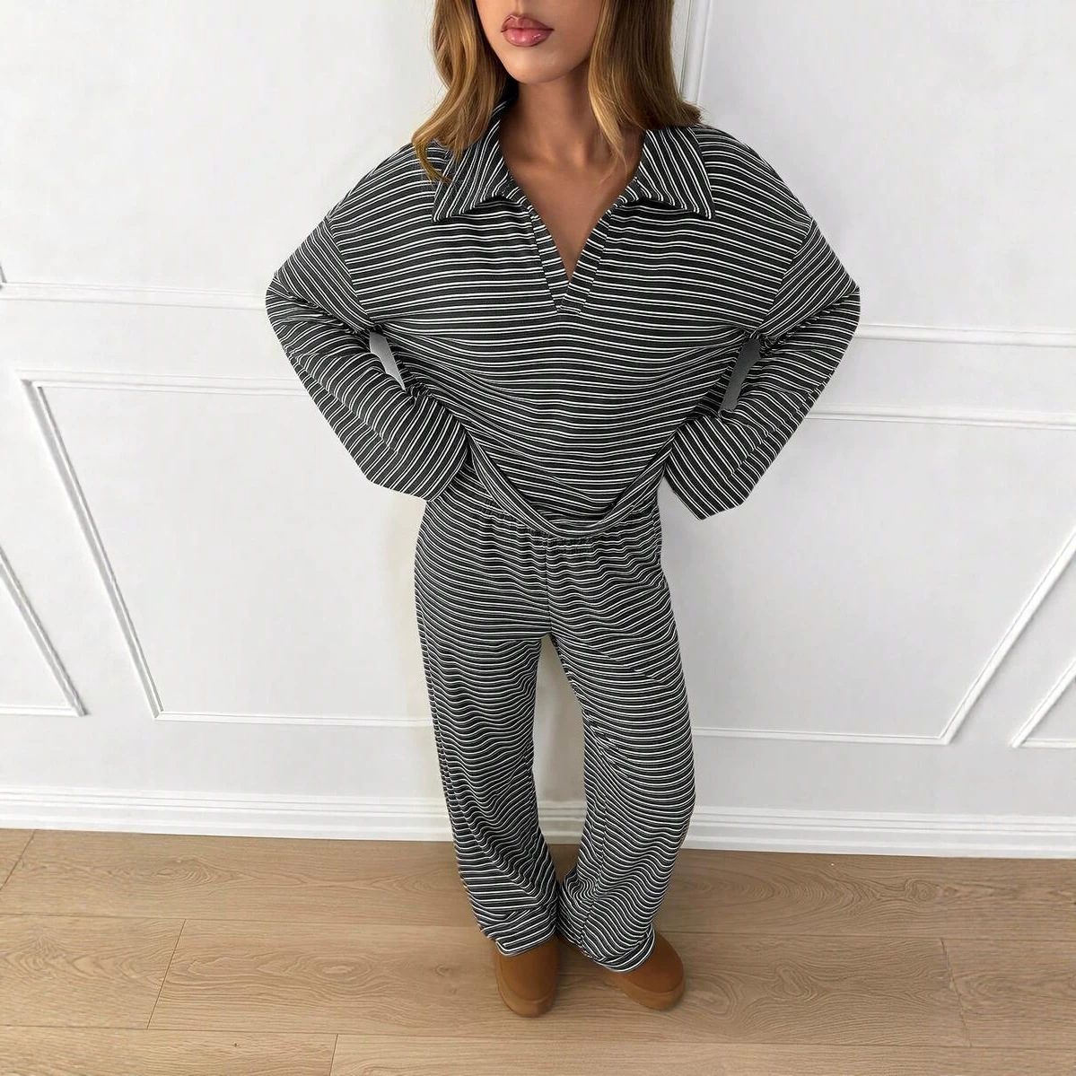 Notch-collar Pullover Long-sleeve Top And Wide-leg Pants Set 7