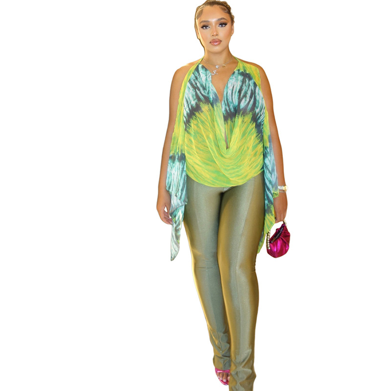 Deep V-neck Backless Strap Sleeveless Printed Cool Top