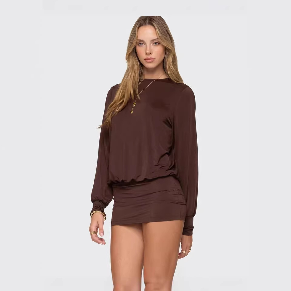 Long-sleeve Off-shoulder Round-neck Solid-color Dress