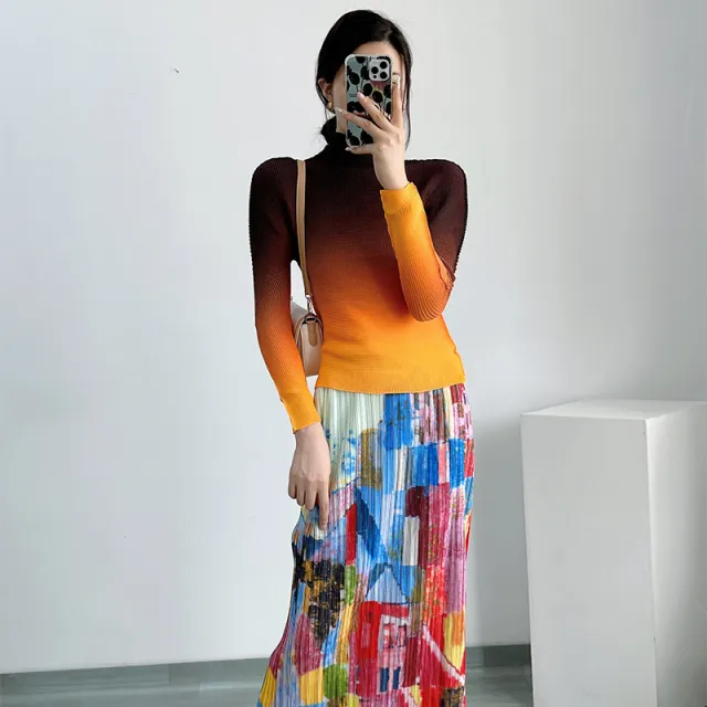 Female Fashion High Collar Long Sleeve Bottoming Top Gradient Color - Shop at LoveMi