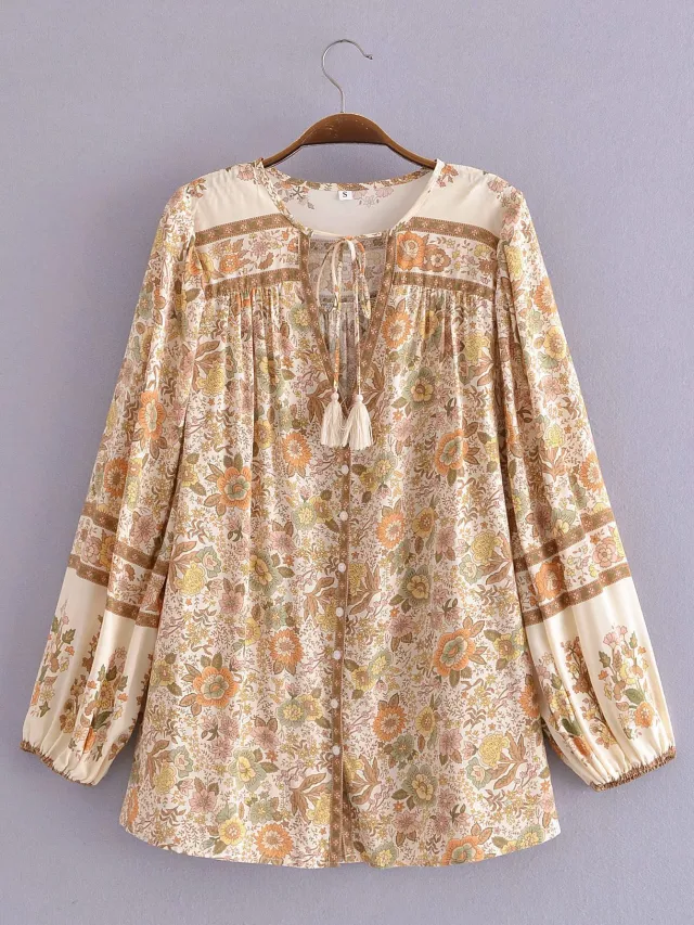 Vintage Rayon Washed Positioning Printing Tassel Shirt Row Long Sleeve Shirt Yellow - Shop at LoveMi