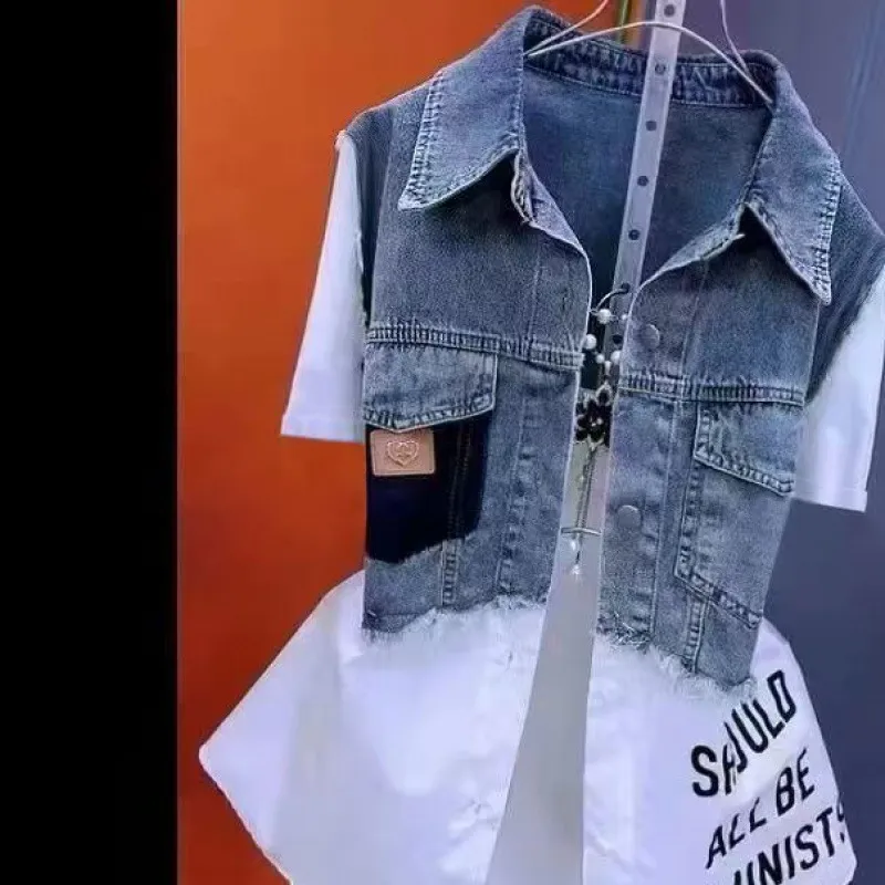 Striped Denim Coat Women's Design Niche Jacket Top - Stitching White Short Sleeve