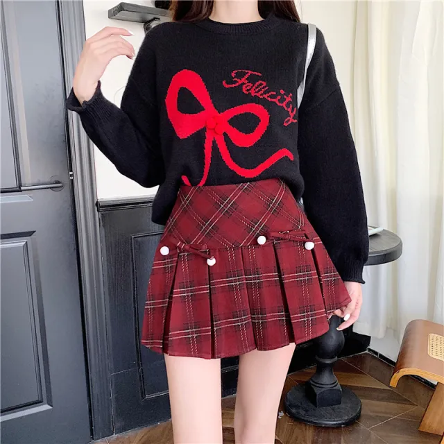 Plaid Pleated Women's Autumn And Winter High Waist Umbrella Culottes Short Skirt Red - Shop at LoveMi