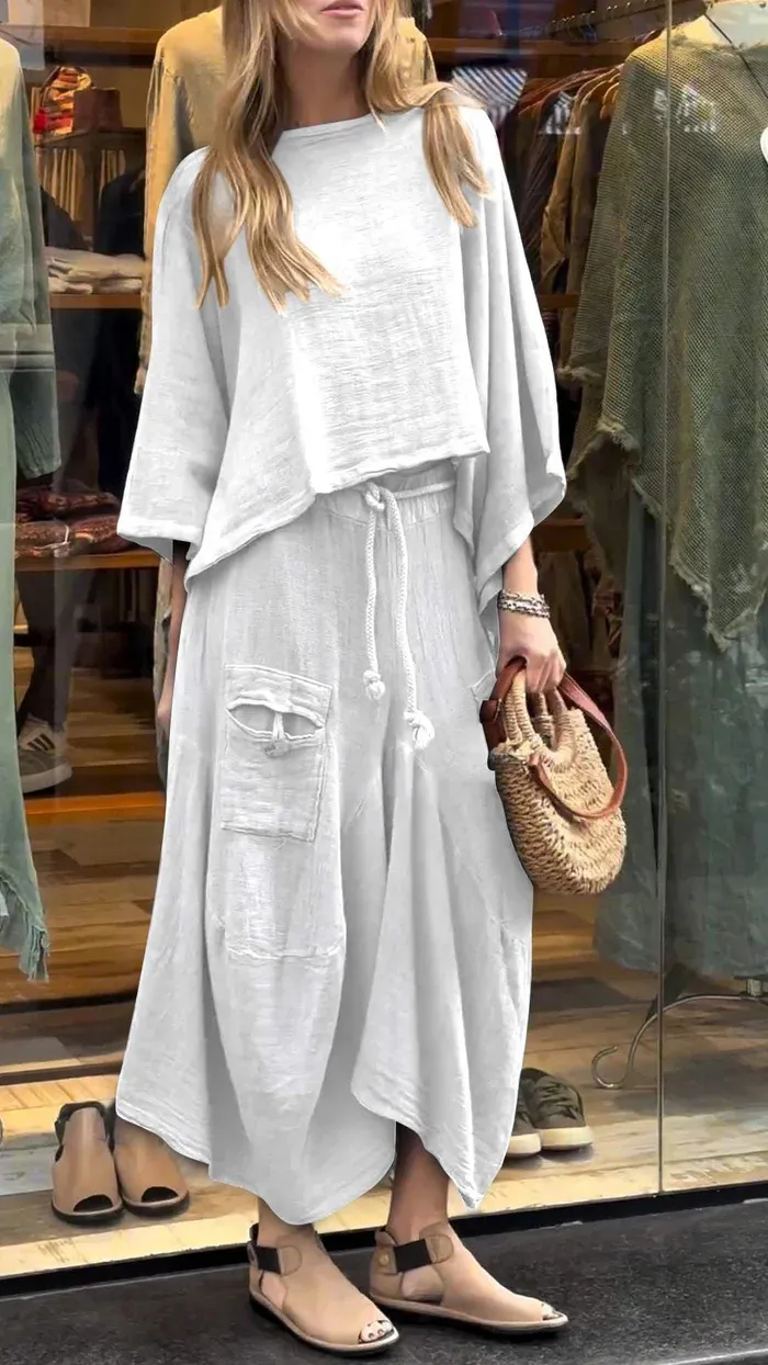 Casual Solid Color Loose Dress Two-piece Suit - White