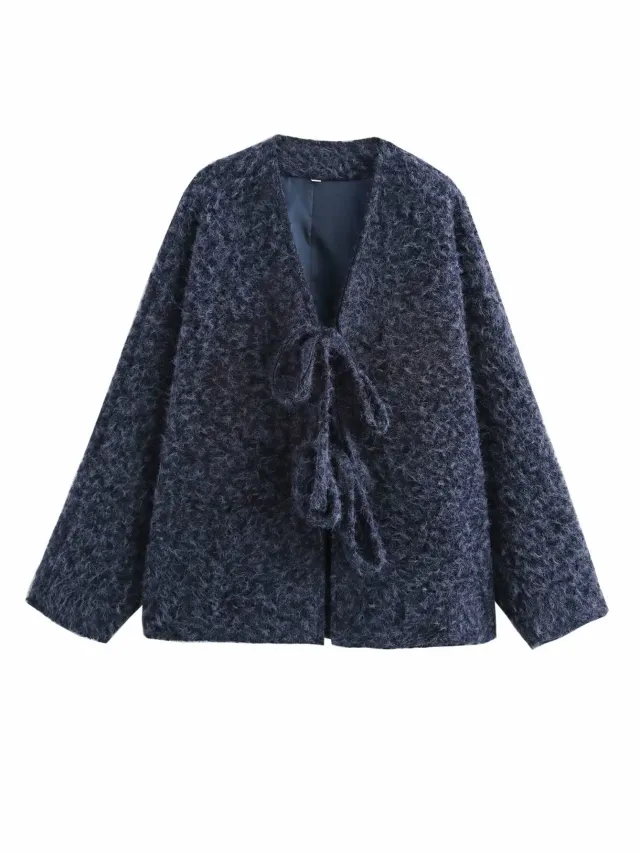 V neck Cardigan Fashion Casual Lace Up Woolen Coat Short Coat Navy - Shop at LoveMi