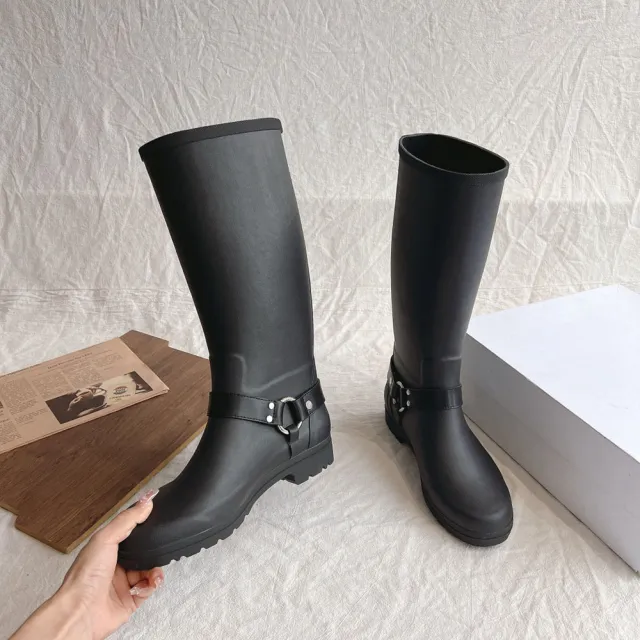 Below The Knee Buckle Knight Boots Waterproof Black - Shop at LoveMi